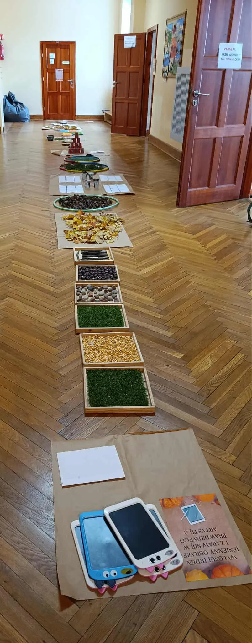 Na korytarzu szkolnym porozkładane  są w  formach różne  substancje występujące w naturze: liście kamienie, kasztany, patyczki , trawa  oraz  narzędzia do  robienia  różnych  doświadczeń  z tymi  substancjami