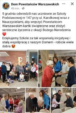 Podziękowanie  weteranów z Domu Powstańców Warszawskich dla uczniów i nauczycieli naszej szkoły za przekazanie kartek świątecznych i stałą   współpracę . Pod tekstem  znajdują się pamiątkowe zdjęcia ze spotkania.